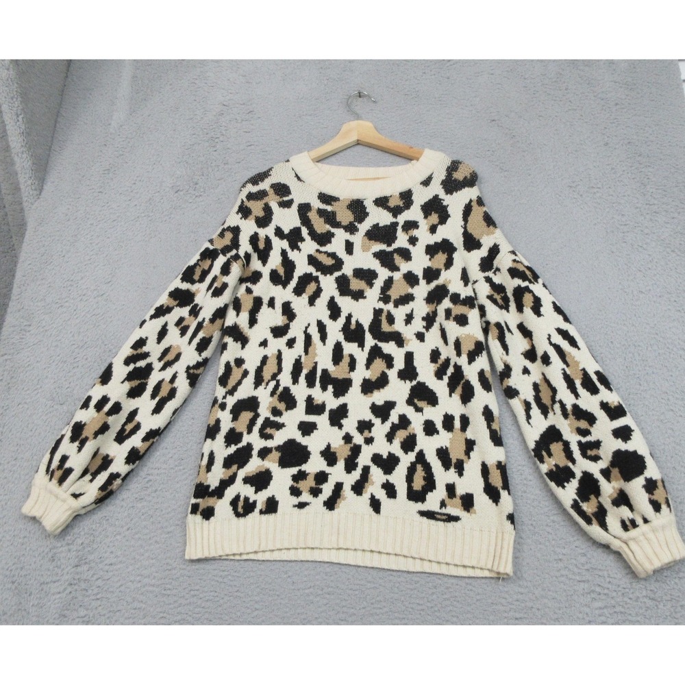 Entro Leopard‎ Print Sweater Womens S Ivory Balloon Sleeve Crew Neck Soft Knit